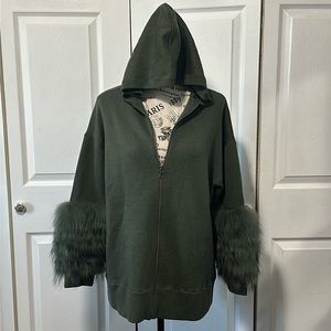 Alice + Olivia Dark Green Fox Fur Sleeved Zip-Up Hooded Jacket